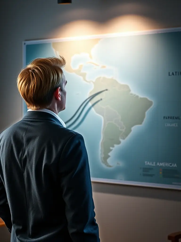 A European executive looking thoughtfully at a map of Latin America, symbolizing strategic planning for market expansion with Altbridge Advisory.