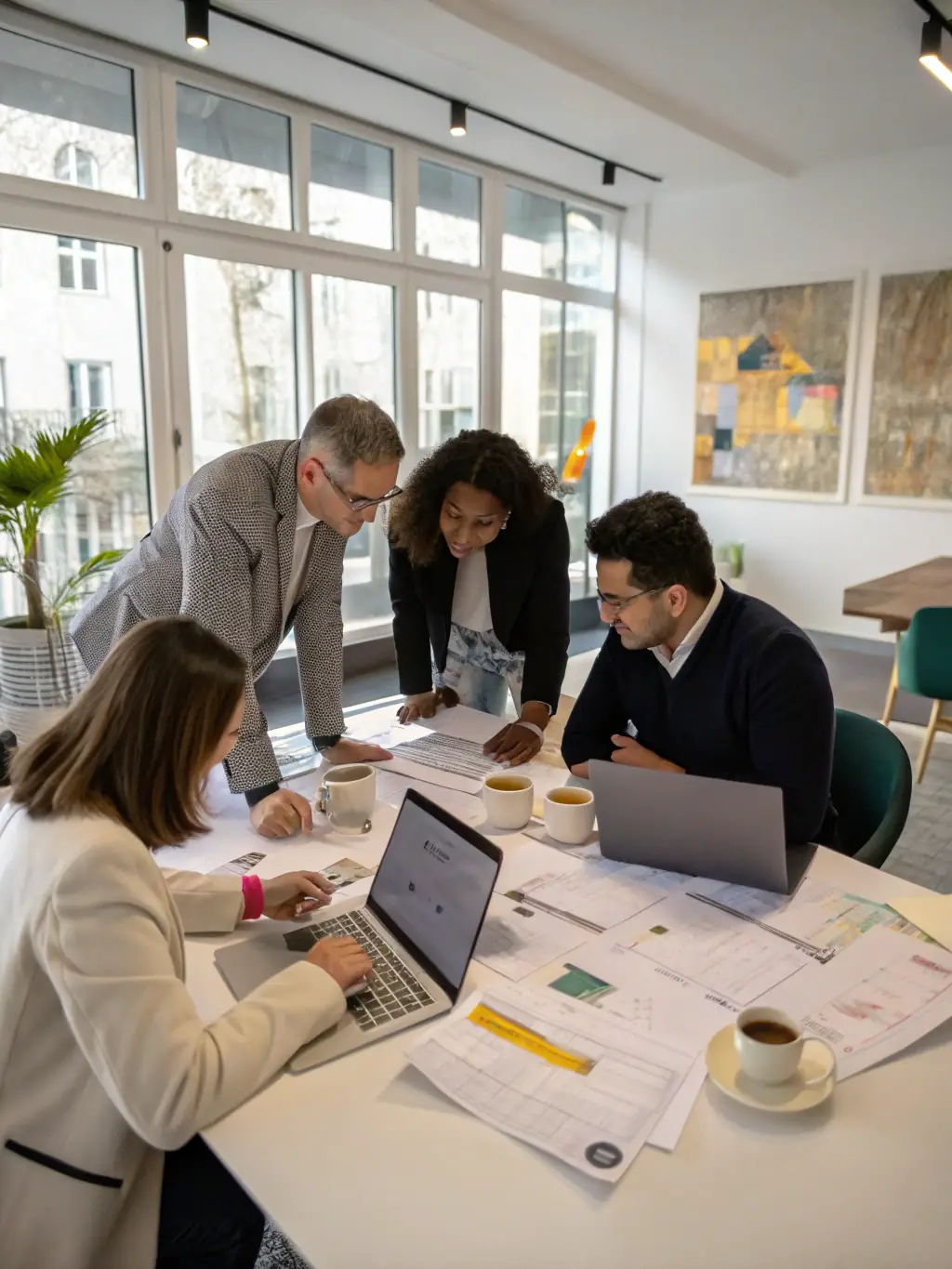 A diverse team of consultants collaborating around a table, reviewing data and discussing strategies for LATAM market penetration with Altbridge Advisory.