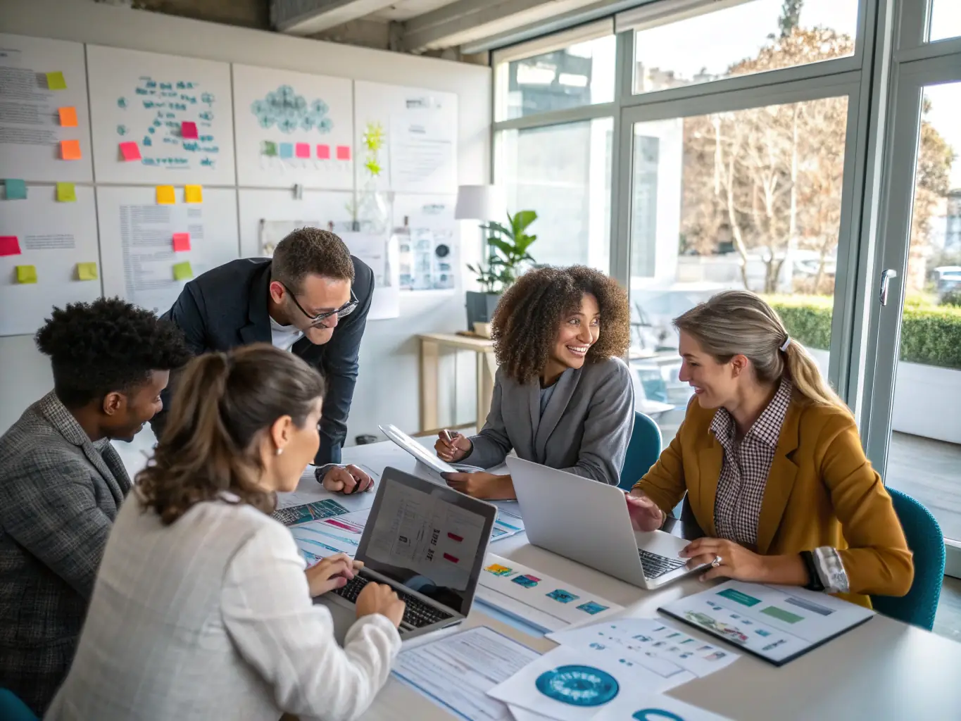 A diverse team of consultants collaborating in a bright, modern office, discussing international business strategies.